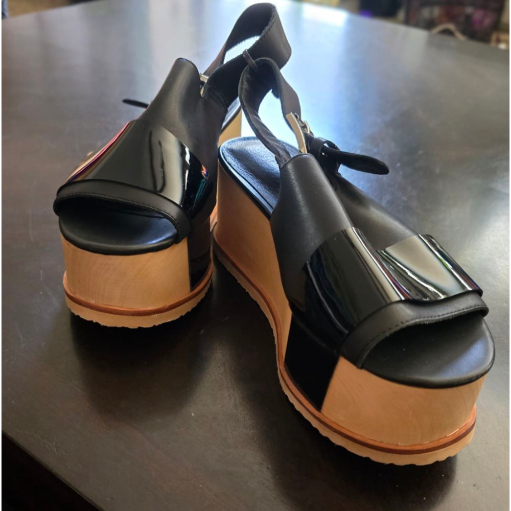 Rare Jeffrey Campbell Black Beige Vinyl Platform Wedge Sandals 40/9.5 Limited